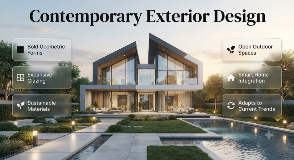 Luxury contemporary home featuring geometric architecture, expansive glass walls, sustainable materials, smart home technology, and open outdoor living spaces in an infographic design.