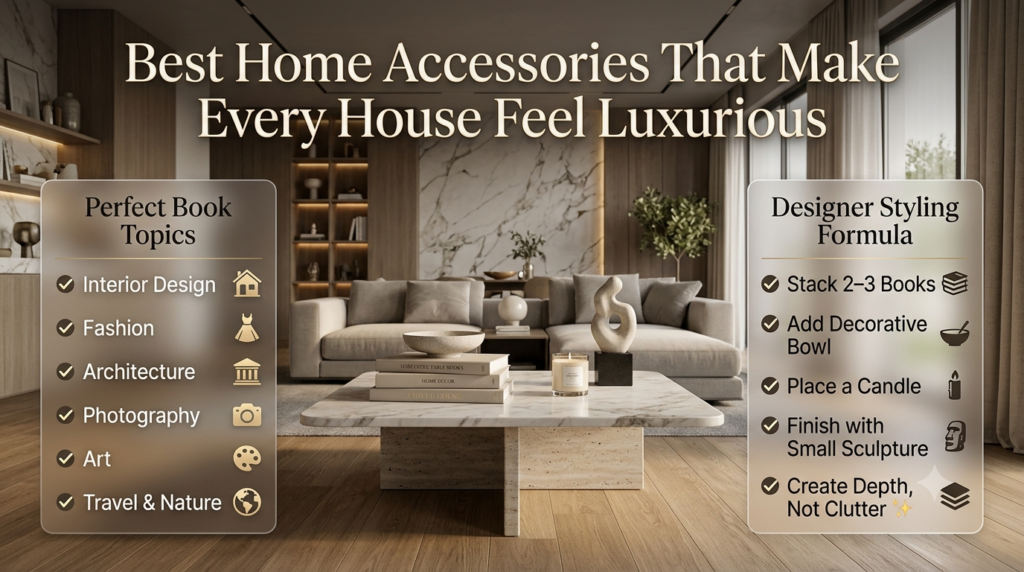 Luxury coffee table books infographic featuring designer book styling, decorative accessories, and layered coffee table arrangement for elegant home interiors.