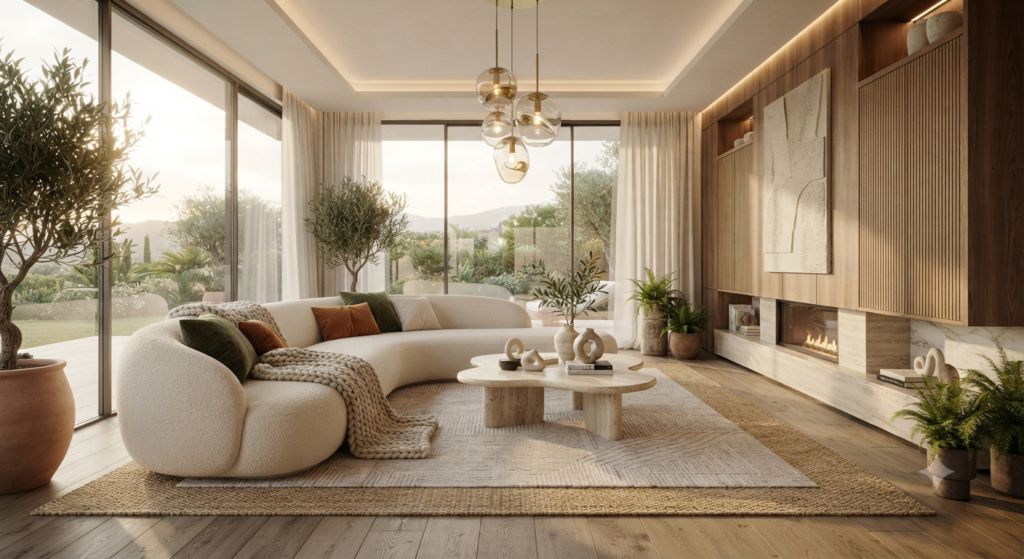 Add layers of texture with soft rugs, cozy throw blankets, decorative pillows, natural wood, woven baskets, and elegant fabrics for a warm home interior.