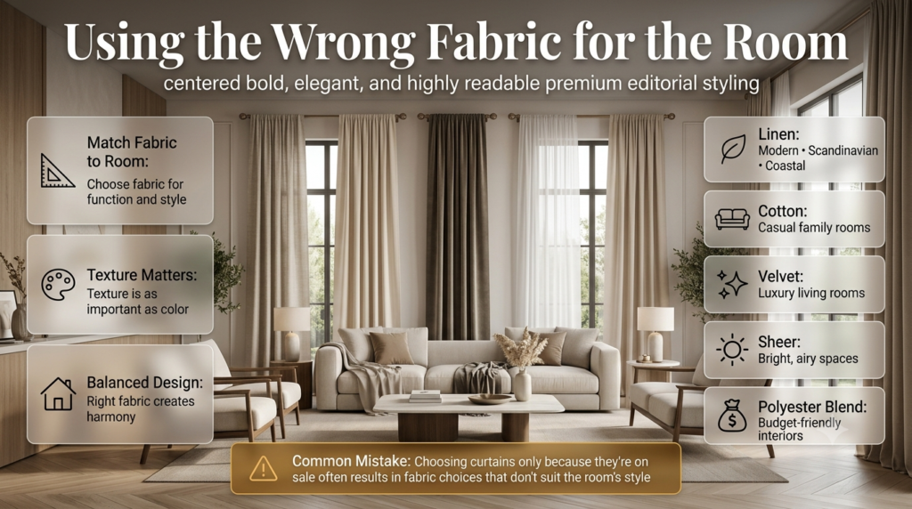 Infographic showing how choosing the right curtain fabric improves room style, featuring linen, cotton, velvet, sheer, and polyester options with design tips.