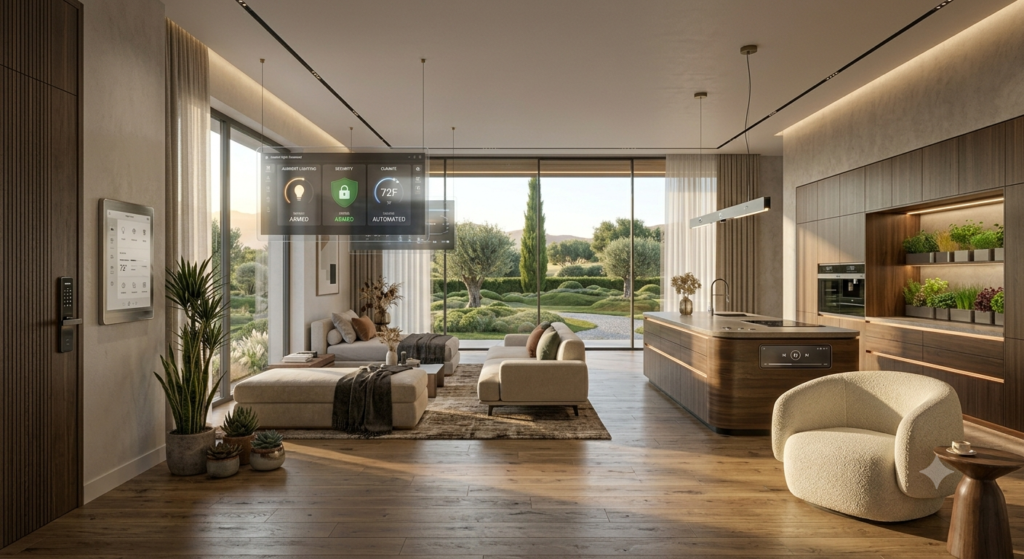 Add smart home technology with voice-controlled devices, smart lighting, security cameras, automated thermostats, and connected home automation systems.