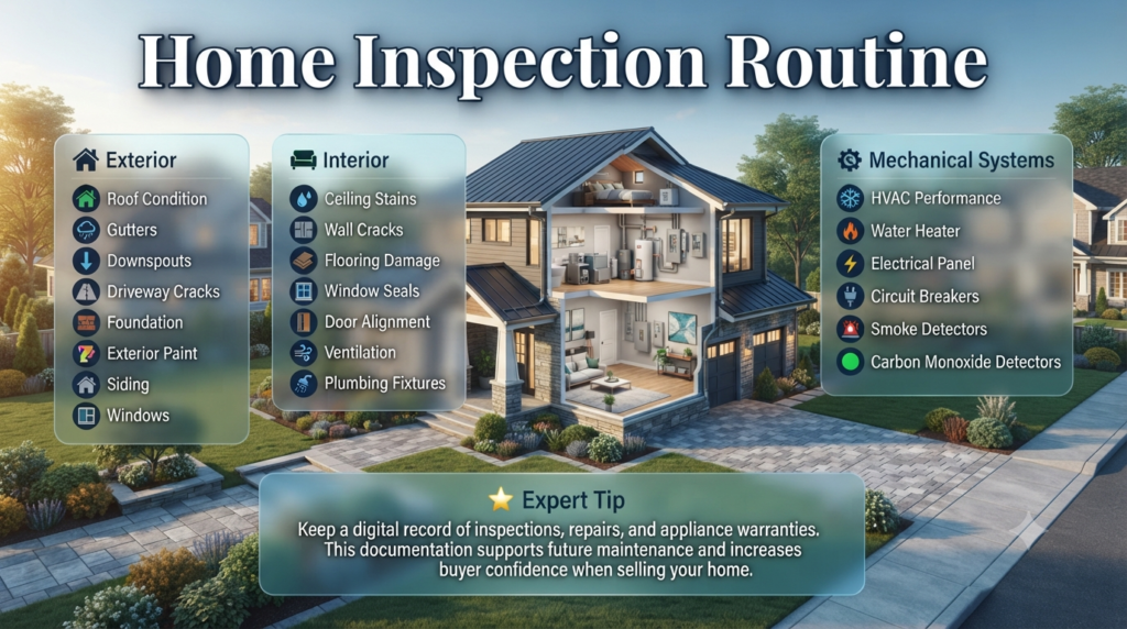 Professional home inspection infographic showing exterior, interior, and mechanical system checks with maintenance records and expert home inspection tips.