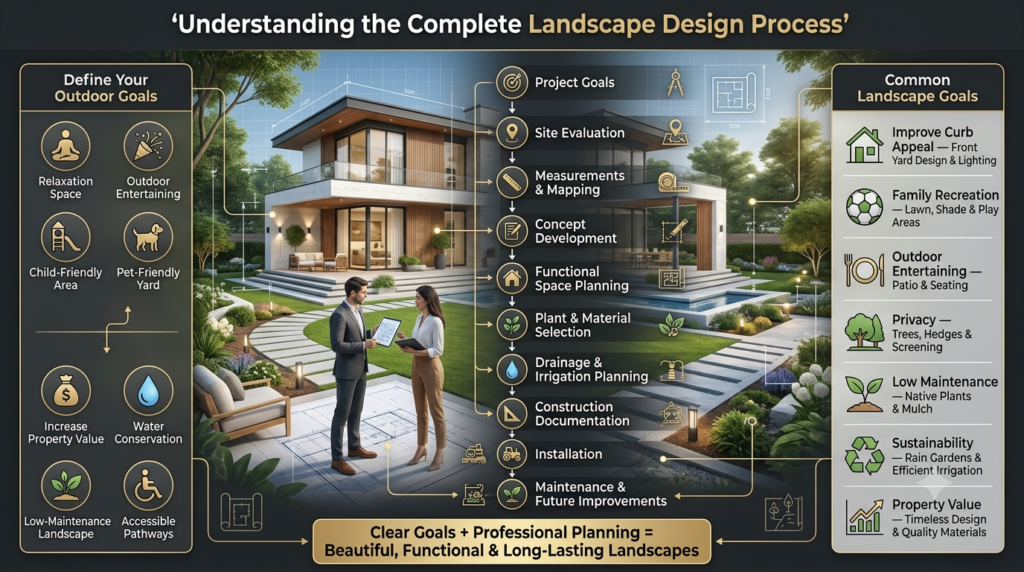 Luxury landscape design workflow infographic showing the complete planning process, outdoor goals, and common landscape priorities around a modern home.