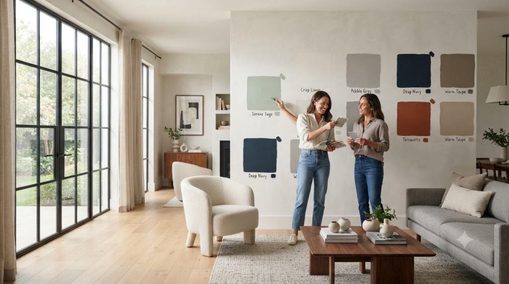 Modern living room demonstrating how to choose the right paint color for your home using coordinated wall colors and décor.