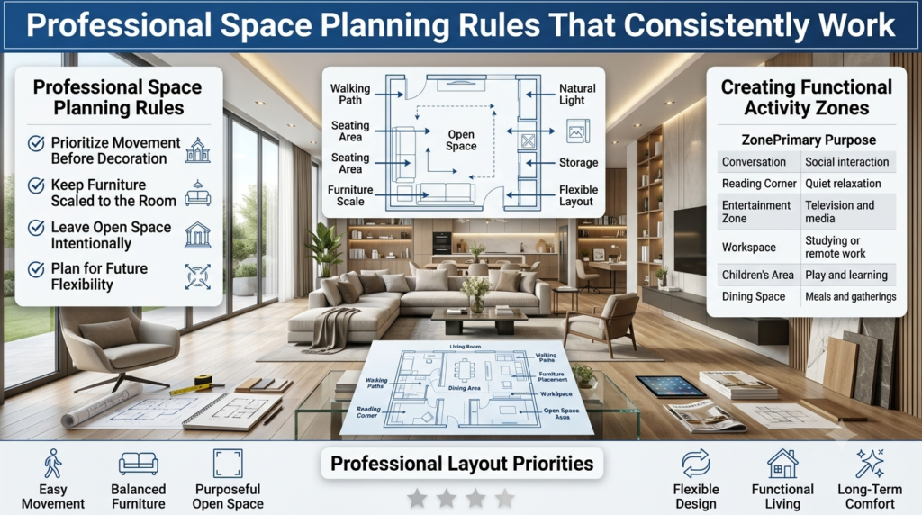 A luxury open-concept home with infographic panels explaining professional space planning rules, balanced furniture, open space, flexible layouts, and functional activity zones.