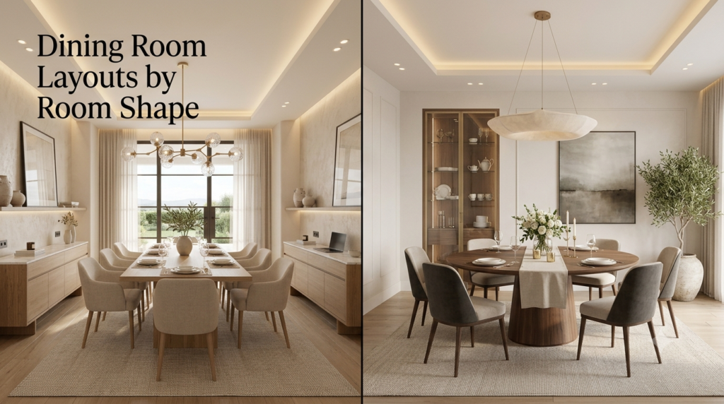 A split-view comparison of rectangular and square dining room layouts featuring modern furniture arrangements, spacious walkways, elegant lighting, and luxury interior design.