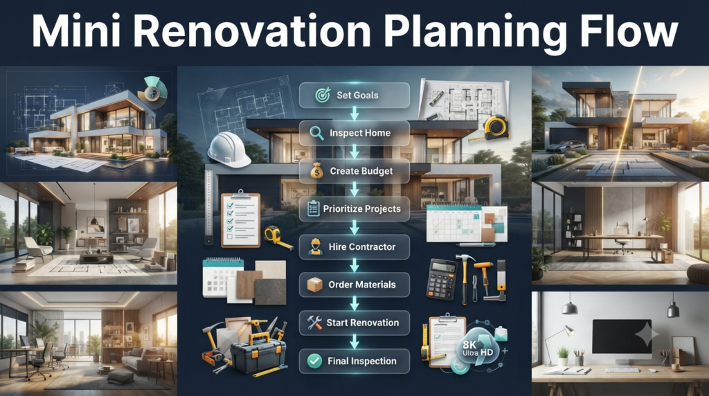 Flowchart infographic illustrating the home renovation planning process from setting goals and budgeting to hiring contractors, ordering materials, renovation, and final inspection.