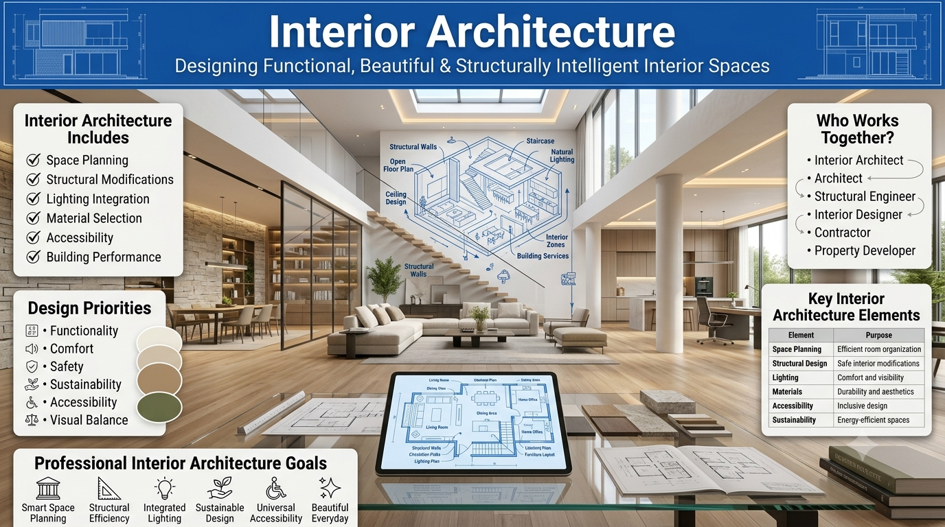 A luxury architectural interior infographic showing space planning, structural design, lighting integration, material selection, accessibility, sustainability, and modern interior architecture principles.