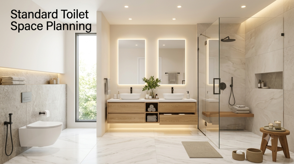A modern luxury bathroom featuring proper toilet spacing, a spacious floating vanity, and a frameless walk-in shower with premium finishes and efficient layout planning.