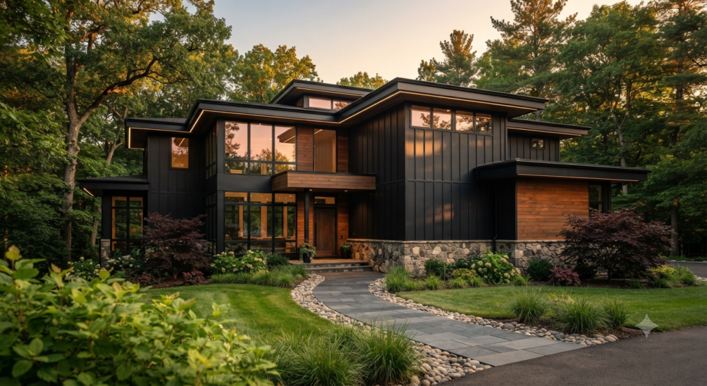 Modern black siding house showcasing bold curb appeal, contemporary architecture, durable exterior siding, energy-efficient design, and beautifully landscaped surroundings.