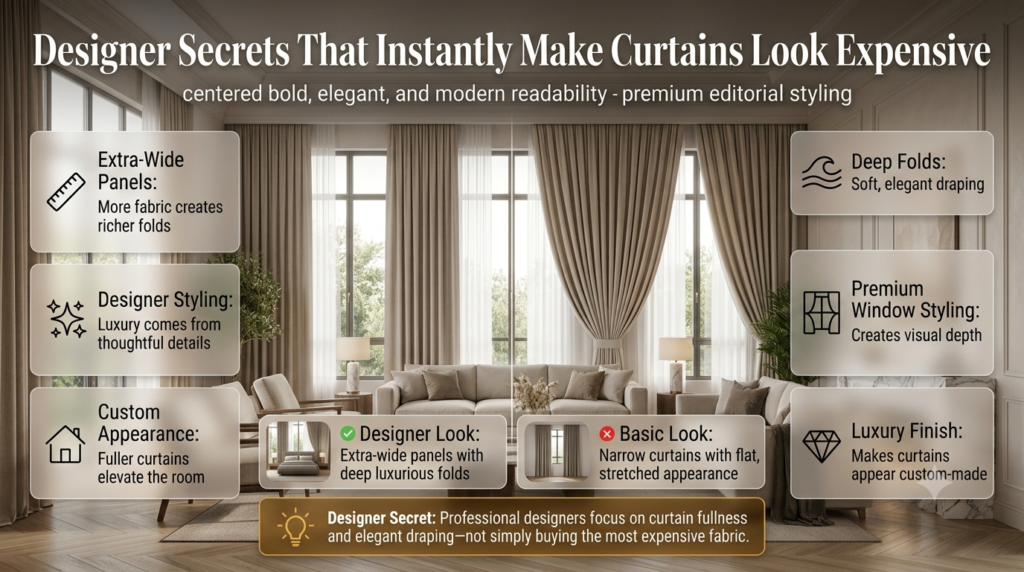 Luxury infographic showing designer curtain styling tips with extra-wide curtain panels creating deep, elegant folds for a high-end interior look.