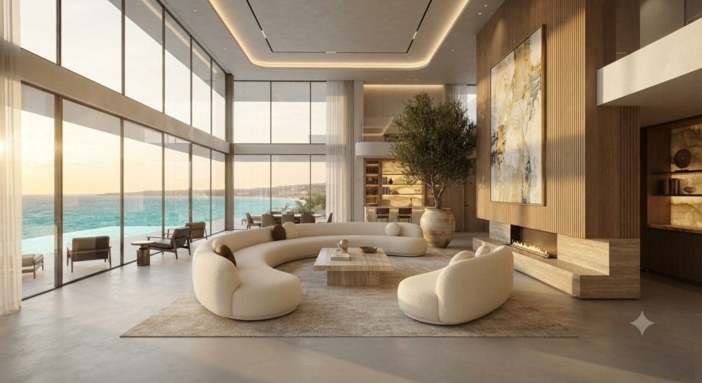 Balance open space and furnishings with well-arranged furniture, clear pathways, cozy seating areas, and a balanced modern interior design layout.