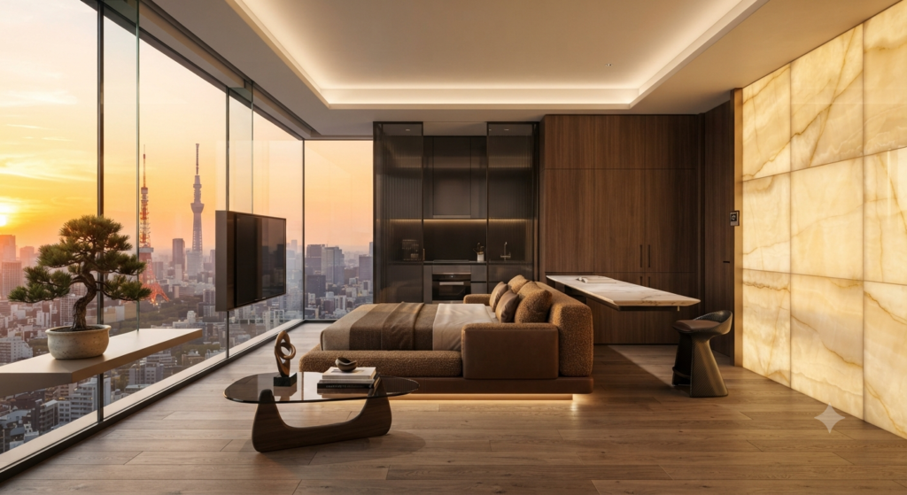 Small space decorating ideas featuring multifunctional furniture, floating shelves, light color palettes, smart storage, mirrors, and a modern compact living room.