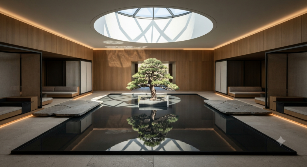 Create visual balance with symmetrical furniture placement, balanced lighting, coordinated colors, decorative accents, and a modern, well-designed living space.
