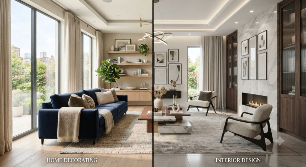 Decorating vs Interior Design comparison featuring modern furniture, color schemes, space planning, home decor, lighting, and professionally designed interiors.
