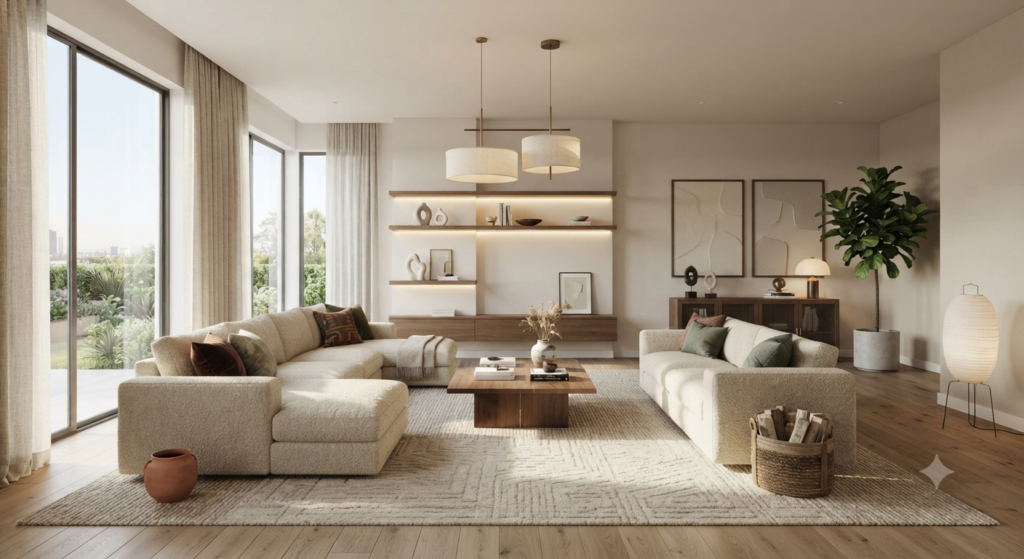 Start with a neutral foundation using soft white, beige, gray, and natural tones with modern furniture, elegant decor, and balanced interior design.