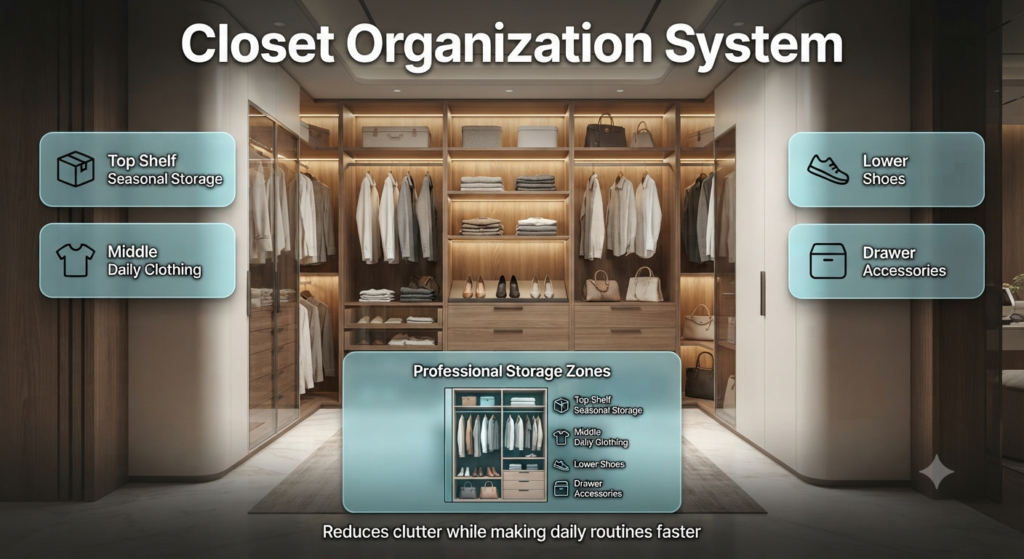 Luxury walk-in closet infographic showing storage zones for seasonal items, daily clothing, shoes, and accessories using a professional organization system.