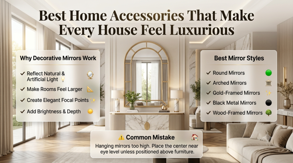Luxury decorative mirror infographic featuring elegant mirror styles, ideal room placements, and interior design tips that brighten spaces and create a more luxurious home.