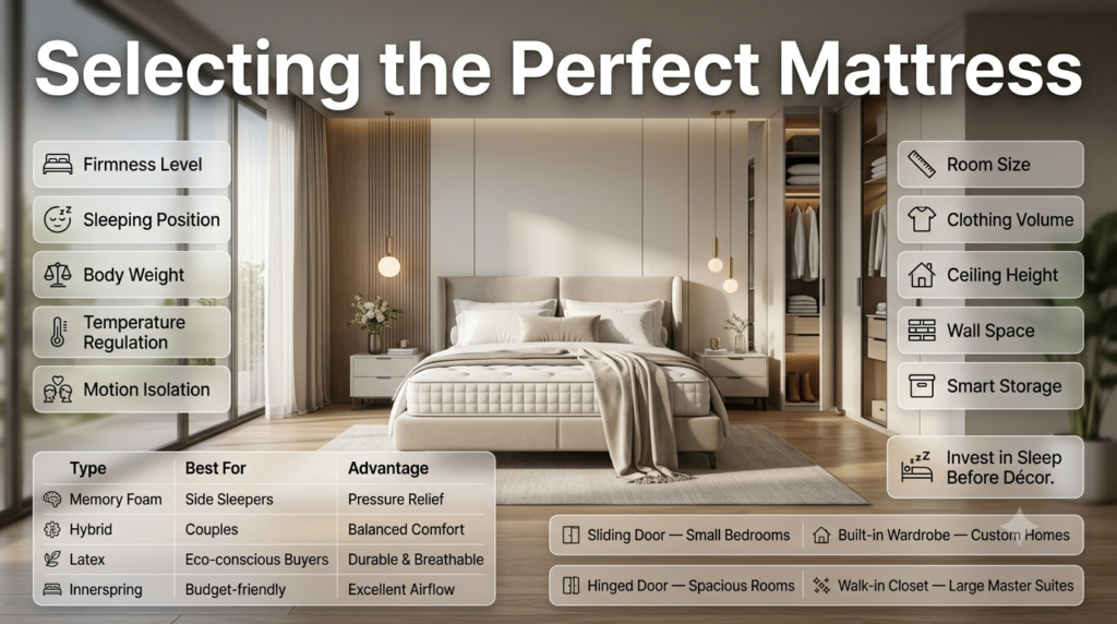 Bedroom furnishing infographic featuring mattress comparison, wardrobe types, storage planning, sleep comfort, and modern bedroom interior design.
