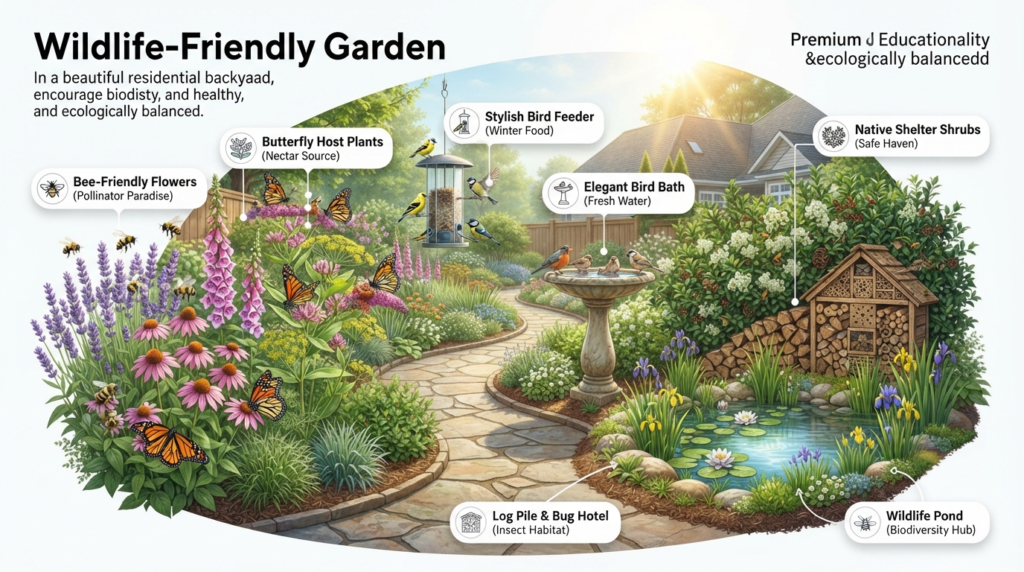 Wildlife-friendly garden with native plants, colorful flowers, bird feeders, pollinator-friendly blooms, and natural habitats for bees and butterflies.