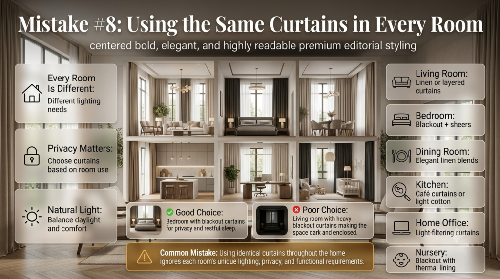 Infographic showing why different rooms need different curtain styles, featuring living room, bedroom, kitchen, dining room, office, and nursery recommendations.
