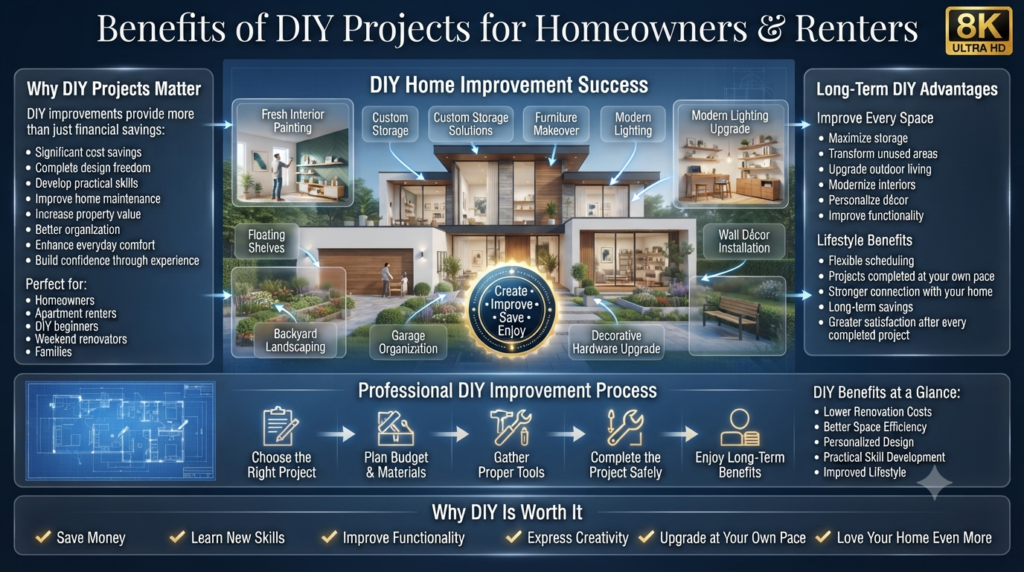 Luxury DIY home improvement infographic showing the benefits of DIY projects for homeowners and renters, including cost savings, home upgrades, creative design, improved organization, increased property value, and practical skill development.