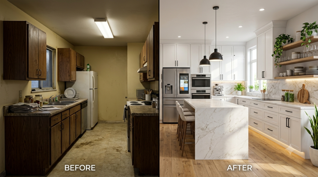A modern renovated kitchen showcasing the benefits of upgrading your kitchen with stylish cabinets, smart storage, energy-efficient appliances, and elegant lighting.