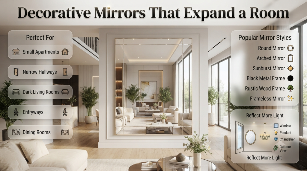 Elegant decorative mirrors reflecting natural light in a modern living room, showcasing mirror styles and placement tips for brighter, larger interiors.