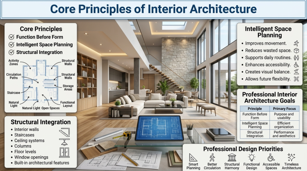 A luxury architectural interior infographic explaining the core principles of interior architecture, including function before form, intelligent space planning, and structural integration with blueprint diagrams and modern design panels.