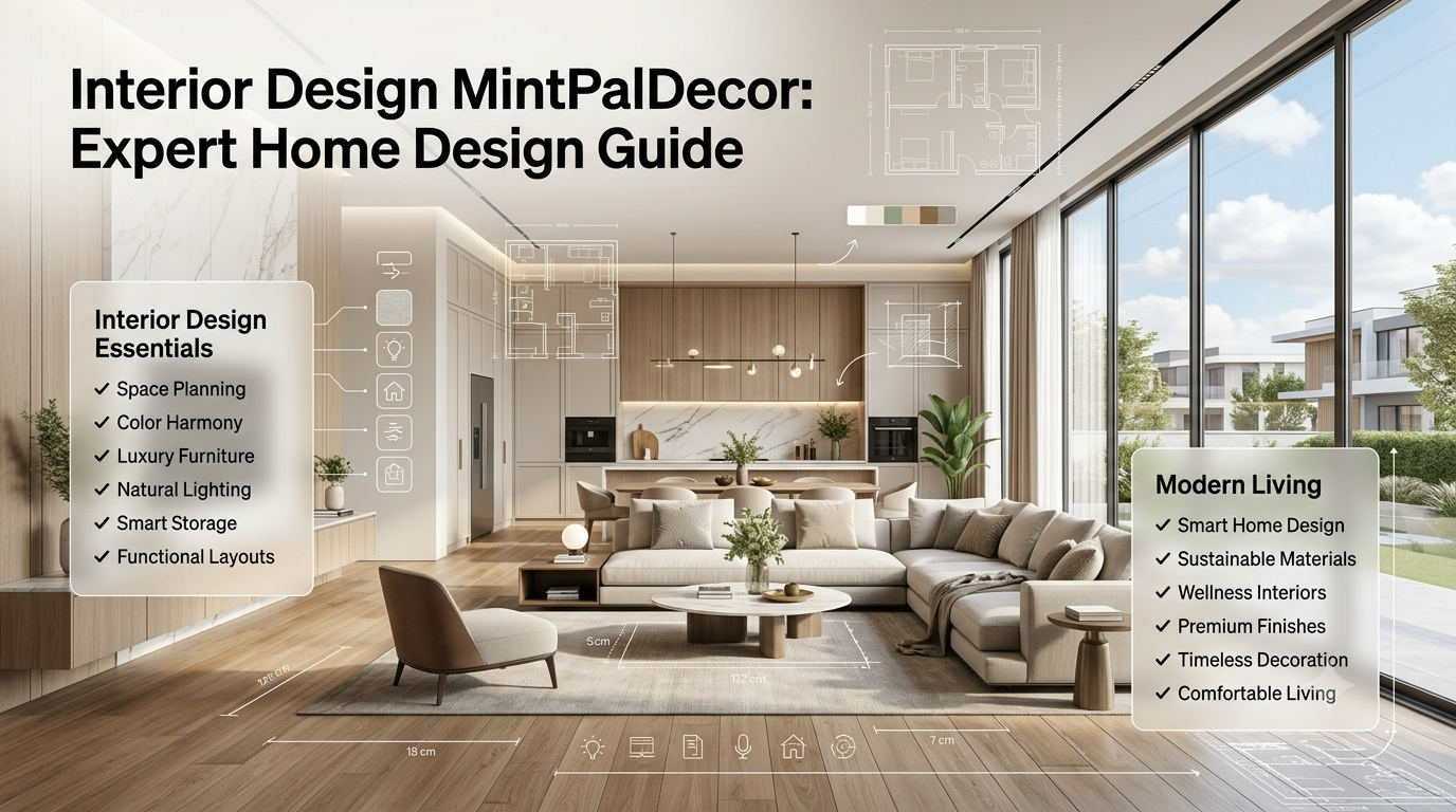 Luxury modern home interior featuring an elegant living room, designer kitchen, premium furniture, natural lighting, and architectural interior design planning elements.Interior Design MintPalDecor – Expert Home Design Guide (2026)