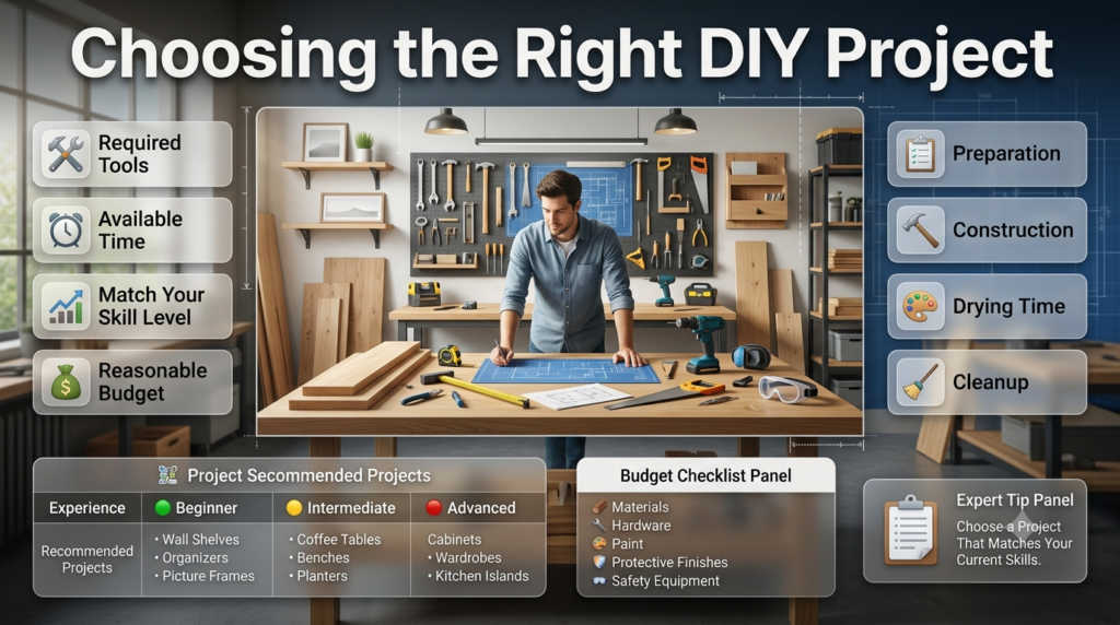 DIY project planning infographic showing project selection, tools, budget, time management, skill levels, and beginner woodworking ideas.