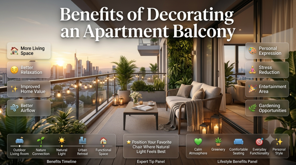 Apartment balcony decor infographic featuring cozy seating, plants, outdoor living space, relaxation, natural light, and functional small-space design ideas.