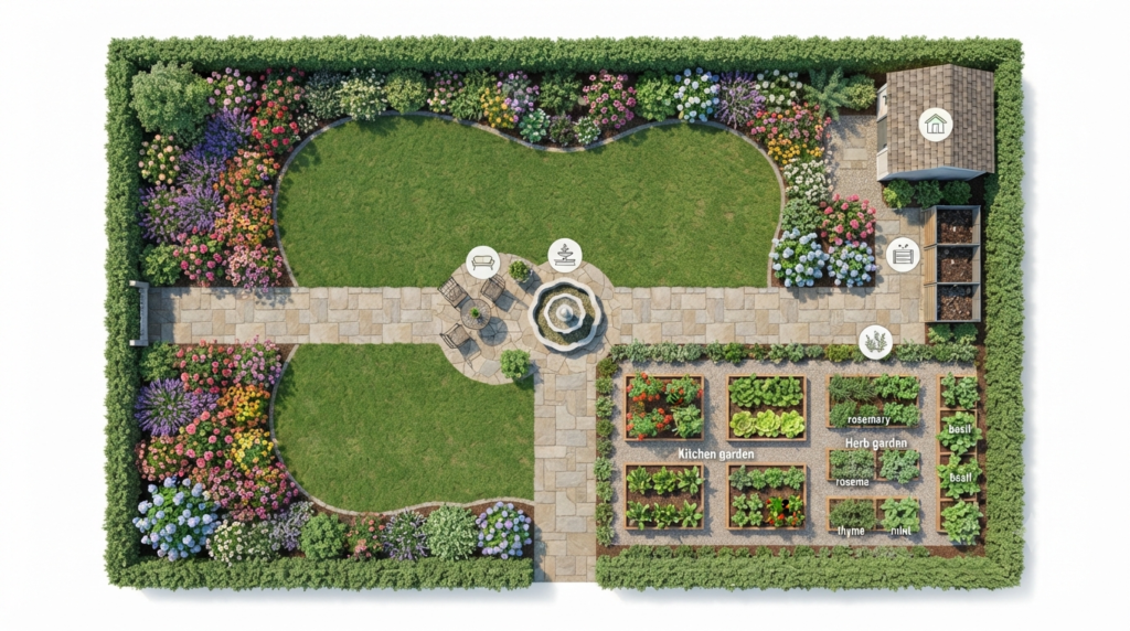 Sample garden layout for a medium backyard featuring planting beds, lawn area, pathways, seating space, and functional garden zones.