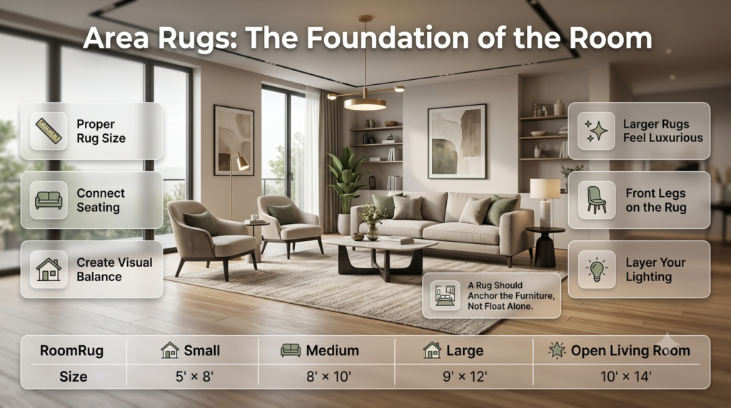 Interior design infographic showing correct area rug sizes, furniture placement, rug layout, and designer lighting tips for modern living rooms.