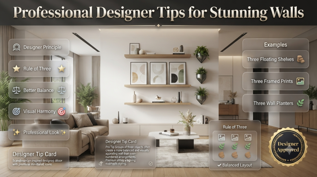 Modern interior featuring the Rule of Three with floating shelves, framed artwork, and wall planters for balanced and stylish wall décor.