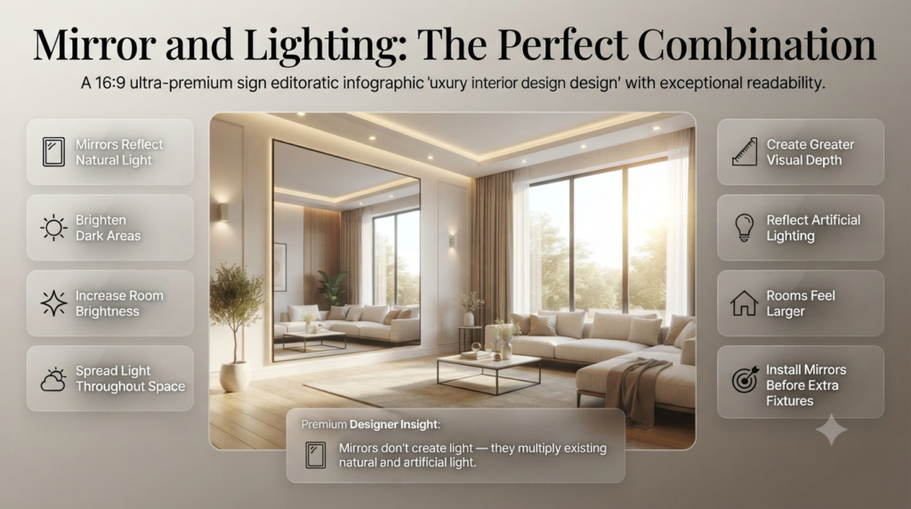 Modern interior with a large wall mirror reflecting natural and artificial light to brighten the room, increase depth, and create a more spacious atmosphere.