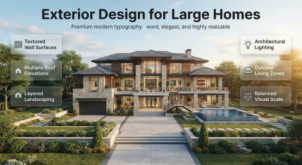 Luxury large home featuring textured walls, multiple roof elevations, layered landscaping, architectural lighting, and outdoor living zones in a premium infographic.