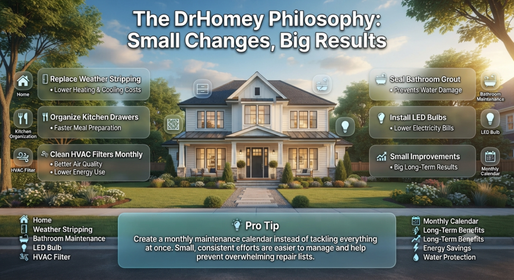 Premium home maintenance infographic illustrating the DrHomey philosophy with small home improvements, maintenance tips, energy savings, and long-term home value benefits.