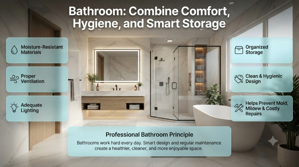 Luxury modern bathroom infographic featuring moisture-resistant materials, ventilation, smart storage, proper lighting, and hygienic design for everyday comfort.
