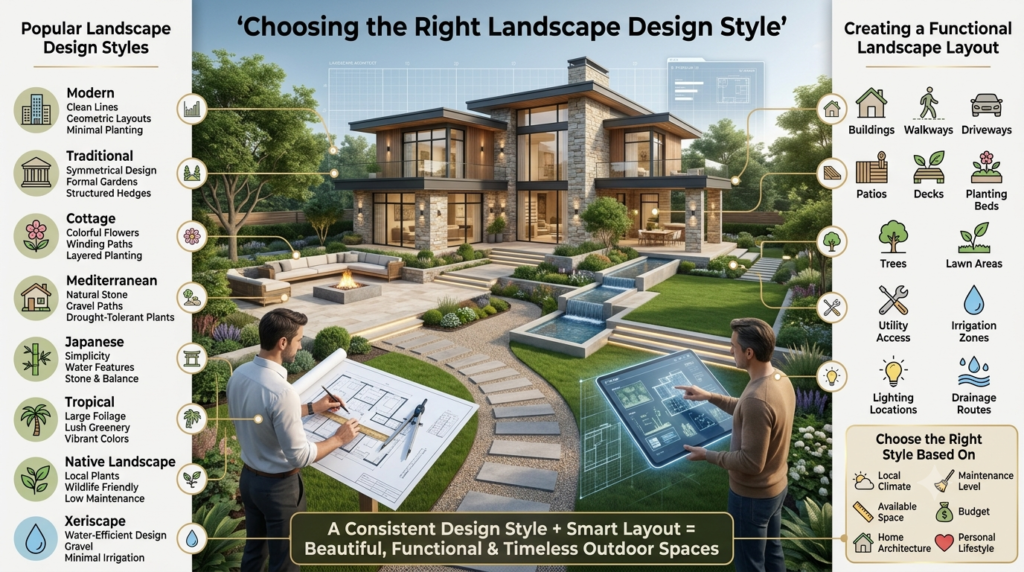 Luxury landscape design infographic comparing popular landscape styles and showing a functional outdoor layout plan for a modern home.