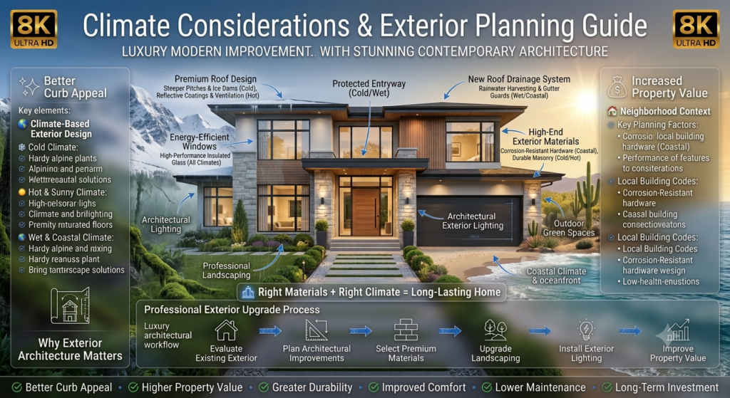 Luxury home exterior infographic explaining climate considerations for exterior architecture, including cold, hot, wet, and coastal climate design strategies, neighborhood planning, and local building code considerations.