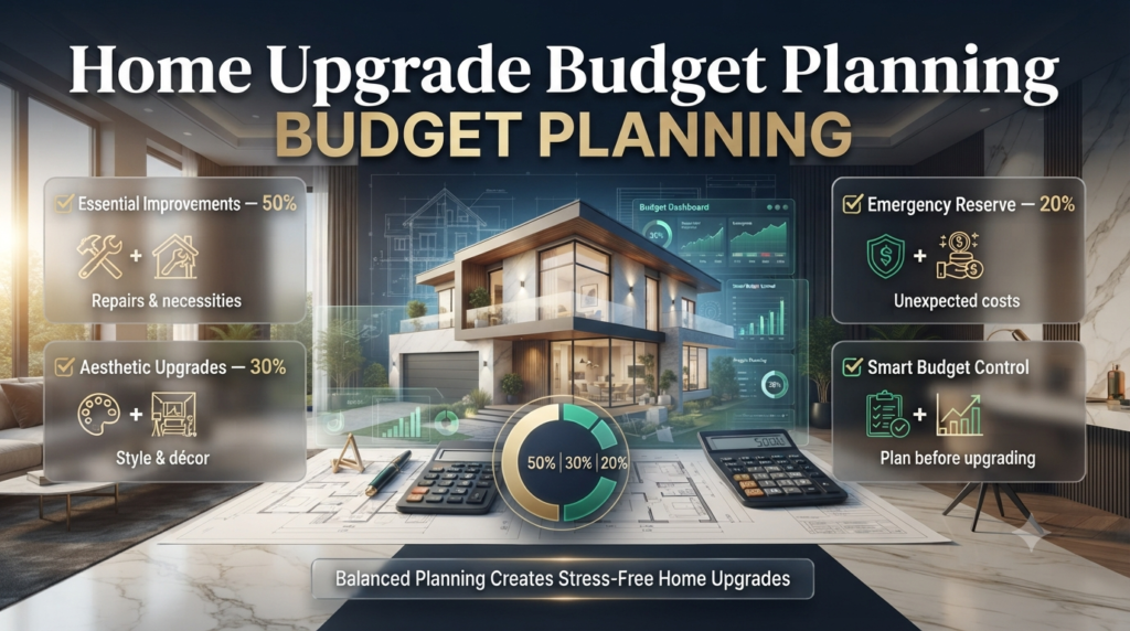 Home upgrade budgeting infographic showing 50% essential repairs, 30% design improvements, and 20% emergency reserve planning.