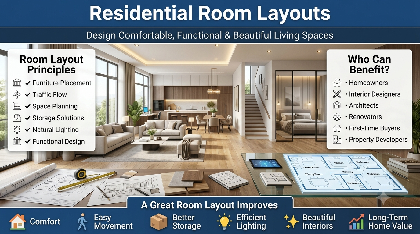 A luxury open-concept home with infographic panels explaining residential room layouts, furniture placement, traffic flow, storage planning, lighting, and professional interior design principles.Residential Room Layouts – Professional Home Space Planning & Interior Design Guide