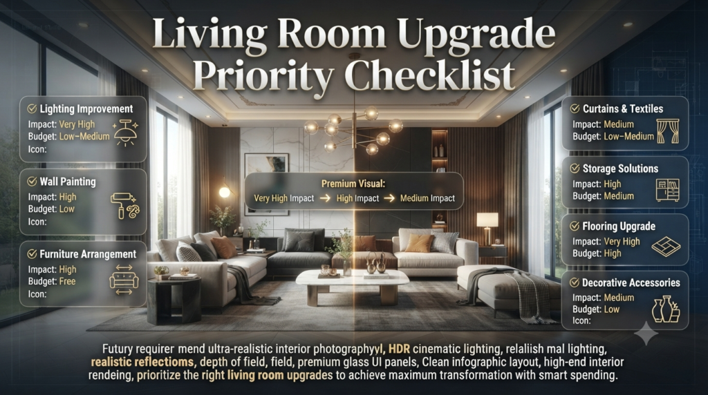 Living room upgrade priority checklist infographic showing lighting, painting, furniture, storage, flooring, and décor improvements.