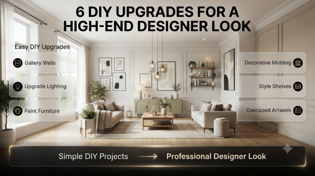 Modern DIY home decor featuring a gallery wall, upgraded lighting, painted furniture, decorative molding, styled shelves, and oversized artwork in a designer-inspired room.
