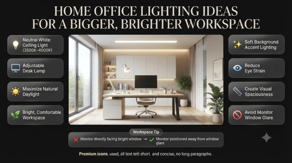 Modern home office with neutral white ceiling lighting, adjustable desk lamp, natural daylight, and soft accent lighting creating a spacious workspace.