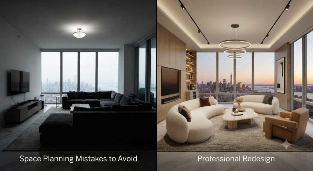 Space planning mistakes to avoid including poor furniture placement, blocked pathways, cluttered layouts, incorrect room proportions, and inefficient home designs.