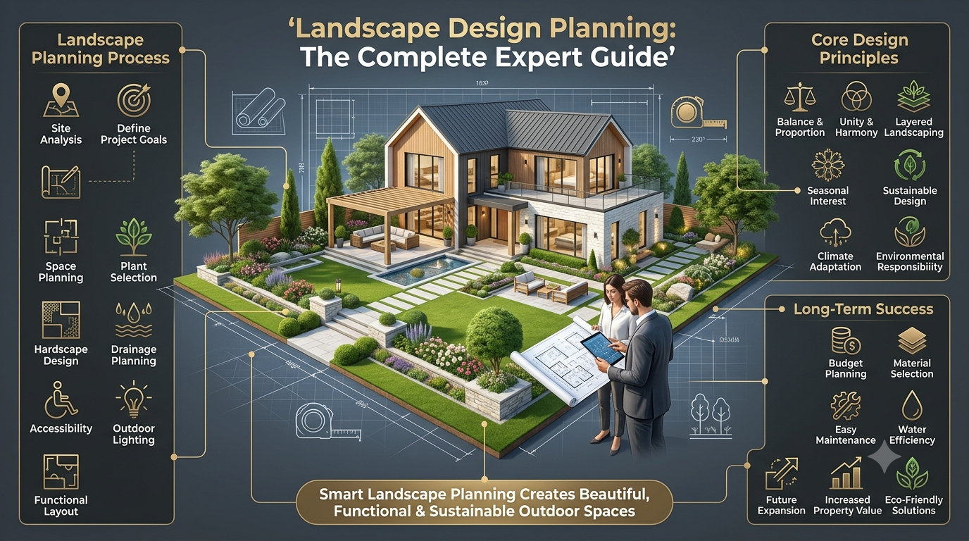 Luxury landscape design planning infographic featuring a modern home, professional landscape blueprint, site analysis, design principles, and outdoor planning strategies.