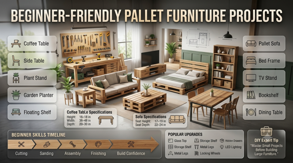 TITLE (Keep Exactly as Written):

Beginner-Friendly Pallet Furniture Projects

Create an ultra-premium 16:9 cinematic DIY home improvement infographic that looks like an award-winning Adobe Photoshop editorial masterpiece. The composition must serve perfectly as both a professional blog featured image and a high-CTR YouTube thumbnail, with a clean, luxury magazine-quality layout.

Main Hero Object (Center)

Create an inspiring modern workshop seamlessly connected to a stylish home interior. At the center, display a professionally crafted collection of beginner-friendly pallet furniture arranged like a premium showroom. Feature a beautiful pallet coffee table as the primary hero object, surrounded by a matching pallet sofa, platform bed, TV stand, bookshelf, and dining table. Each furniture piece should showcase smooth sanding, rich wood grain, premium craftsmanship, and elegant finishes that transform reclaimed pallets into designer-quality furniture.

Left Futuristic Glass Panels

Use elegant translucent glassmorphism panels with premium woodworking icons.

Include only these concise callouts:

☕ Coffee Table

🪑 Side Table

🌿 Plant Stand

🪴 Garden Planter

📚 Floating Shelf

Right Futuristic Glass Panels

Use matching premium glass panels.

Include only these concise callouts:

🛋️ Pallet Sofa

🛏️ Bed Frame

📺 TV Stand

📚 Bookshelf

🍽️ Dining Table

Bottom Beginner Skills Timeline

Create a sleek premium horizontal infographic strip.

Include only these short labels:

✂️ Cutting

🪵 Sanding

🔩 Assembly

🎨 Finishing

🛠️ Build Confidence

Coffee Table Specifications Panel

Create a compact premium information card.

Display exactly:

Height: 16–18 in

Width: 36–48 in

Depth: 20–30 in

Sofa Specifications Panel

Display:

Seat Height: 17–19 in

Seat Depth: 22–24 in

Popular Upgrades Panel

Create elegant icon-based callouts.

Include only:

🪟 Glass Top

🗄️ Storage Shelf

📦 Hidden Drawers

🦿 Metal Legs

✨ Hairpin Legs

🛞 Locking Wheels

💡 LED Lighting

DIY Expert Tip Panel

Add a floating premium glass card with a toolbox icon.

Text:

"Master Small Projects Before Building Large Furniture."

Background

Design a bright contemporary DIY workshop connected to a luxury home interior featuring:

Wooden workbench
Organized hand tools
Measuring tape
Drill
Saw
Clamps
Finished pallet furniture
Indoor plants
Soft natural daylight
Blueprint sketches
Measurement lines
Modern industrial décor
Cinematic depth of field
Color Palette

Automatically choose a premium handcrafted palette:

Natural Oak
Walnut Brown
Warm White
Soft Beige
Charcoal Gray
Forest Green accents
Matte Black hardware

Use elegant gradients, realistic reflections, premium glassmorphism, and subtle metallic highlights.

Premium Icons

Use elegant modern icons representing:

Pallet
Hammer
Saw
Drill
Measuring Tape
Sofa
Coffee Table
Bed
TV
Bookshelf
Dining Table
Toolbox
Lighting & Rendering
Cinematic HDR lighting
Soft natural sunlight
Warm ambient workshop lighting
Realistic wood reflections
Glassmorphism UI panels
Ambient occlusion
Depth of field
Hyper-realistic reclaimed wood textures
Editorial magazine quality
Adobe Photoshop masterpiece
Ultra-sharp focus
8K ultra-high resolution
Composition Rules
Keep the title exactly unchanged.
Display the title prominently at the top using huge premium typography.
Make the pallet coffee table the primary hero object, with the sofa, bed, TV stand, bookshelf, and dining table arranged around it.
Convert only the supplied content into concise infographic callouts.
Never include long paragraphs inside the image.
Never invent measurements, features, or project types beyond the provided content.
Maintain a clean, balanced, luxury editorial composition with generous spacing and excellent readability.
Optimize for SEO, DIY blogs, home improvement websites, Pinterest, Facebook, LinkedIn, and YouTube thumbnails.

Rendering Style: Ultra-realistic DIY furniture infographic, handcrafted reclaimed wood masterpiece, cinematic editorial layout, luxury glassmorphism interface, photorealistic HDR, Adobe Photoshop-quality design, award-winning woodworking visualization, 8K resolution, premium typography, optimized for ChatGPT Images, Midjourney, Flux, Ideogram, Recraft, Gemini, Leonardo AI, and all professional AI image generators.