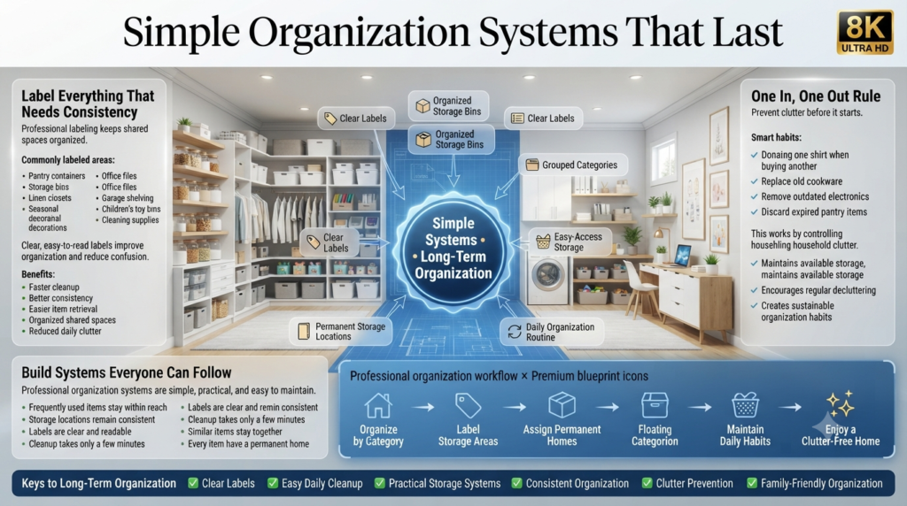 ## 🎨 IMAGE PROMPT (Premium Home Improvement Infographic)

**Create an ultra-realistic luxury home improvement infographic in 8K Ultra HD titled *"Simple Organization Systems That Last"* displayed prominently at the top using elegant modern typography.**

Design a **beautiful luxury modern family home interior** featuring a perfectly organized pantry, walk-in closet, garage, laundry room, children's playroom, home office, and storage room. Showcase **clear labeling systems**, neatly arranged storage bins, floating shelves, labeled pantry jars, garage shelving, file organizers, toy bins, linen closets, and elegant multifunctional storage furniture. The home should feel bright, spacious, clutter-free, and professionally organized with premium architectural styling.

The infographic should resemble a premium **Architectural Digest × Better Homes & Gardens × IKEA Design Studio** editorial with floating glassmorphism information panels, blueprint storage callouts, premium organization icons, and magazine-quality composition.

---

# ⭐ CENTER VISUAL

## 🏡 Organization Systems Everyone Can Follow

Display a luxury organized home connected with blueprint arrows pointing to smart organization methods.

🏷 Clear Labels

📦 Organized Storage Bins

🗂 Grouped Categories

🧺 Easy-Access Storage

🚪 Permanent Storage Locations

🔄 Daily Organization Routine

At the center place a glowing badge:

**"Simple Systems • Long-Term Organization"**

---

# 📍 LEFT INFORMATION PANEL

# 🏷 Label Everything That Needs Consistency

Professional labeling keeps shared spaces organized.

### Commonly Labeled Areas

🥫 Pantry containers

📦 Storage bins

🛏 Linen closets

🎄 Seasonal decorations

📁 Office files

🛠 Garage shelving

🧸 Children's toy bins

🧴 Cleaning supplies

⭐ Clear, easy-to-read labels improve organization and reduce confusion.

---

## Benefits of Labeling

✔ Faster cleanup

✔ Better consistency

✔ Easier item retrieval

✔ Organized shared spaces

✔ Reduced daily clutter

---

# 📍 RIGHT INFORMATION PANEL

# 🔄 One In, One Out Rule

Prevent clutter before it starts.

### Smart Habits

👕 Donate one shirt when buying another

🍳 Replace old cookware instead of collecting duplicates

💻 Remove outdated electronics before upgrading

🥫 Discard expired pantry items during restocking

---

## Why It Works

📦 Controls household clutter

🏡 Maintains available storage

🧹 Encourages regular decluttering

✨ Creates sustainable organization habits

---

# 📊 LOWER PANEL

## Build Systems Everyone Can Follow

Professional organization systems are simple, practical, and easy to maintain.

### Key Principles

✔ Frequently used items stay within reach

✔ Storage locations remain consistent

✔ Labels are clear and readable

✔ Cleanup takes only a few minutes

✔ Similar items stay together

✔ Every item has a permanent home

---

## Professional Organization Workflow

🏡 Organize by Category

⬇

🏷 Label Storage Areas

⬇

📦 Assign Permanent Homes

⬇

🧺 Maintain Daily Habits

⬇

✨ Enjoy a Clutter-Free Home

Display this as a premium blueprint workflow with elegant organization icons.

---

# 🌟 BOTTOM SUCCESS BAR

### Keys to Long-Term Organization

✅ Clear Labels

✅ Easy Daily Cleanup

✅ Practical Storage Systems

✅ Consistent Organization

✅ Clutter Prevention

✅ Family-Friendly Organization

---

## 🎨 Visual Style

* Ultra-realistic luxury modern home
* Architectural Digest editorial quality
* Bright open-concept interior
* Organized pantry, garage, laundry & closet
* Premium built-in cabinetry
* Labeled glass jars and storage bins
* Floating shelves
* Walk-in closet organization
* Modular storage systems
* Minimalist luxury furniture
* Glassmorphism information panels
* Blueprint organization overlays
* Premium organization icons
* Magazine-quality infographic
* High-end home improvement branding
* Photorealistic 8K rendering
* Natural daylight
* Clean editorial layout
* No people
* No clutter
* Elegant luxury atmosphere

---

# 🏷️ ALT TEXT

Luxury home organization infographic showing clear labeling systems, one in one out decluttering rule, organized pantry, garage storage, closets, and practical organization methods for maintaining a clutter-free home.

---

# 📌 TITLE

Simple Organization Systems That Last: Smart Labeling & Clutter Control Guide

---

# 📸 CAPTION

Learn how professional labeling systems, the one in one out rule, and simple daily organization habits help create a home that stays neat, functional, and easy to maintain.

---

# 📝 DESCRIPTION

This infographic highlights the professional organization methods that make it easier to maintain a clutter-free home over the long term. It demonstrates how clear labeling systems improve consistency in shared spaces such as pantries, garages, closets, offices, and children's play areas, making storage simple for every family member to understand and maintain.

It also introduces the proven "One In, One Out" rule as an effective strategy for preventing clutter accumulation while encouraging regular decluttering habits. Combined with permanent storage locations, grouped categories, and easy-access organization systems, these practical techniques help homeowners build sustainable routines that keep every room organized, functional, and visually appealing.
